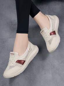 Plus Size Women's Summer Walking Shoes, Colorblock Hollow Mesh Breathable Soft Sole Non-Slip Work Shoes, Slip-On 2-In-1 Casual Shoes - Beige - View 9