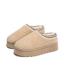 Thick Sole Thermal Lined Round Toe Slip-On Slippers With Fuzzy Lining, Snow Boots - Beige - View 8