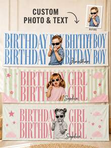 Personalized Photo & Name Birthday Banner, Customized Girl/Boy Birthday Backdrop, Kids Party Photo Booth Background - Multicolor - View 1
