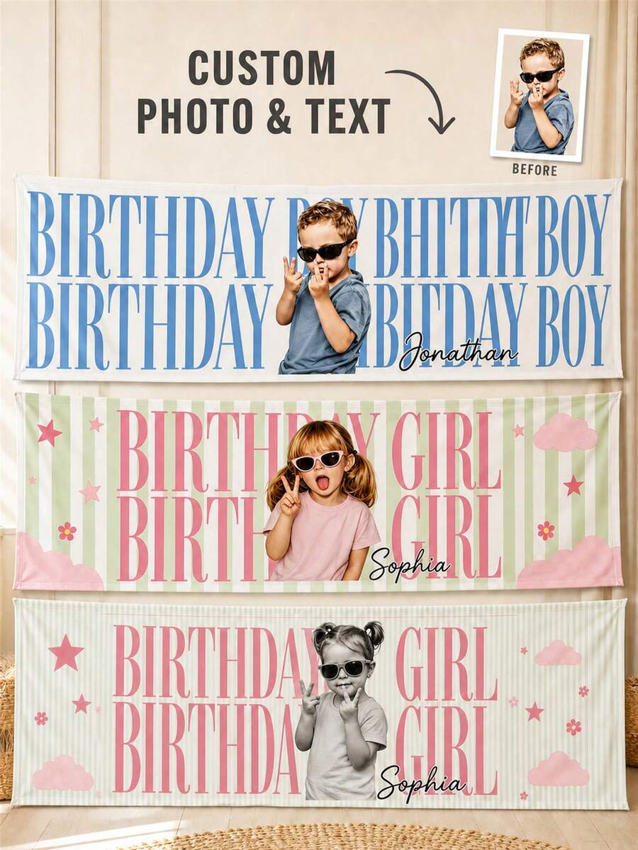 Personalized Photo & Name Birthday Banner, Customized Girl/Boy Birthday Backdrop, Kids Party Photo Booth Background - Multicolor - View 1