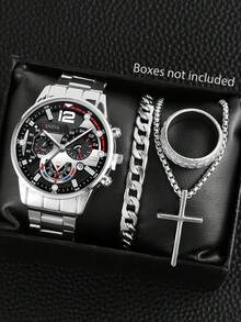 1/4/5pcs Men's Business Watch Set With Cross Decor And Embossed Wallet, Suitable For Father's Day Gift, Daily Wear - Silver - View 10