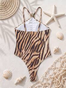 Vintage Polka Dot Blue Thin Strap Deep V High Cut Flattering One Piece Swimsuit For Vacation - Multicolor - View 3