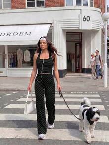 Women's 2 Pieces Set: Polka Dot Halter Top & Flare Pants, Slim Fit Y2K Style Casual Sports Outfit, Suitable For Girls - Black and White - View 8