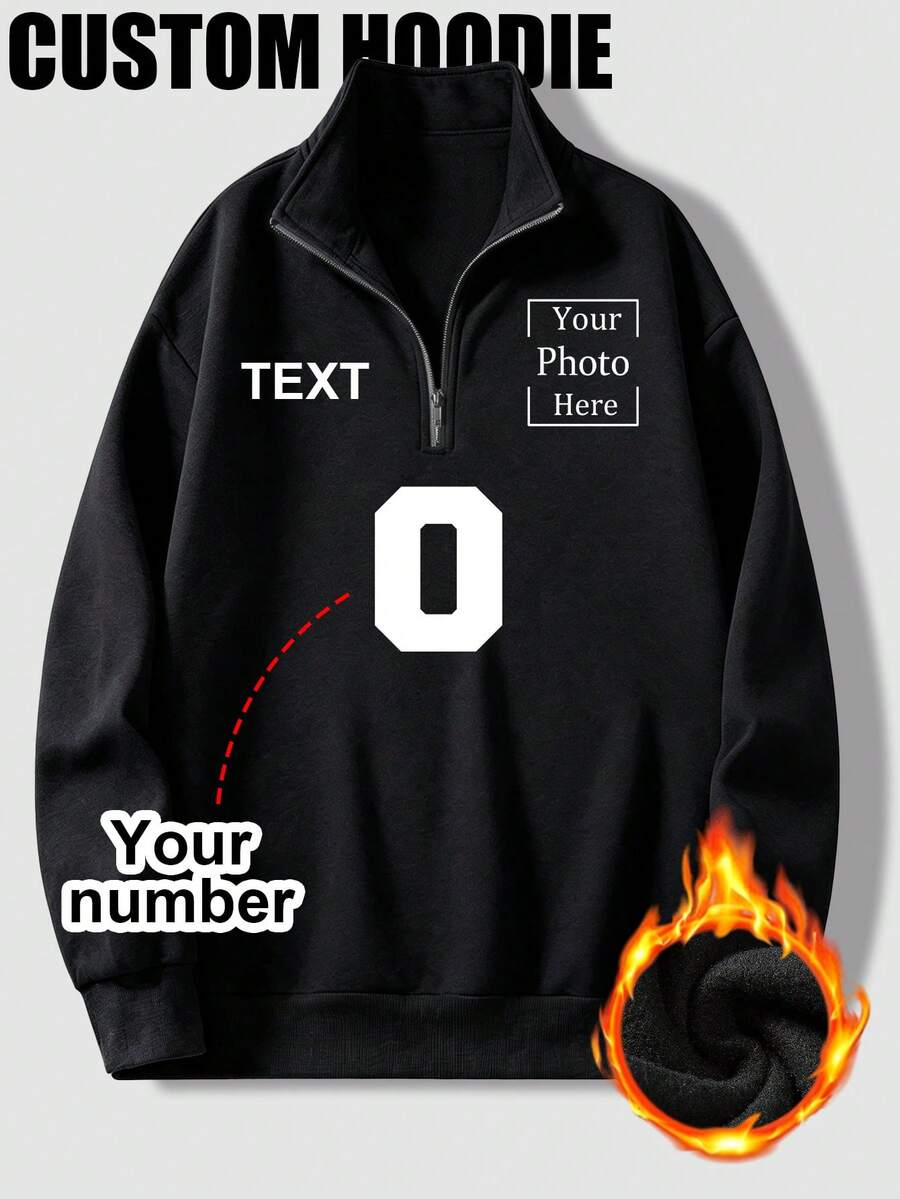 Sweatshirt Kerah Tegak Pria Kustom yang Dipersonalisasi, Unggah Foto Anda/Pasangan/Teman/Keluarga/Hewan Peliharaan, Masukkan Teks/Nama Anda, Desain Kustom yang Dipersonalisasi - Hitam - View 1