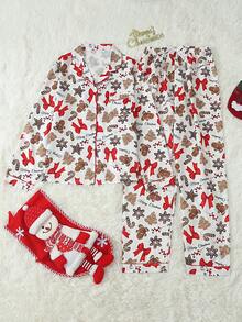Christmas Print Women's Long Sleeve Long Pants Bubble Crinkle Pajama Set - Apricot - View 1