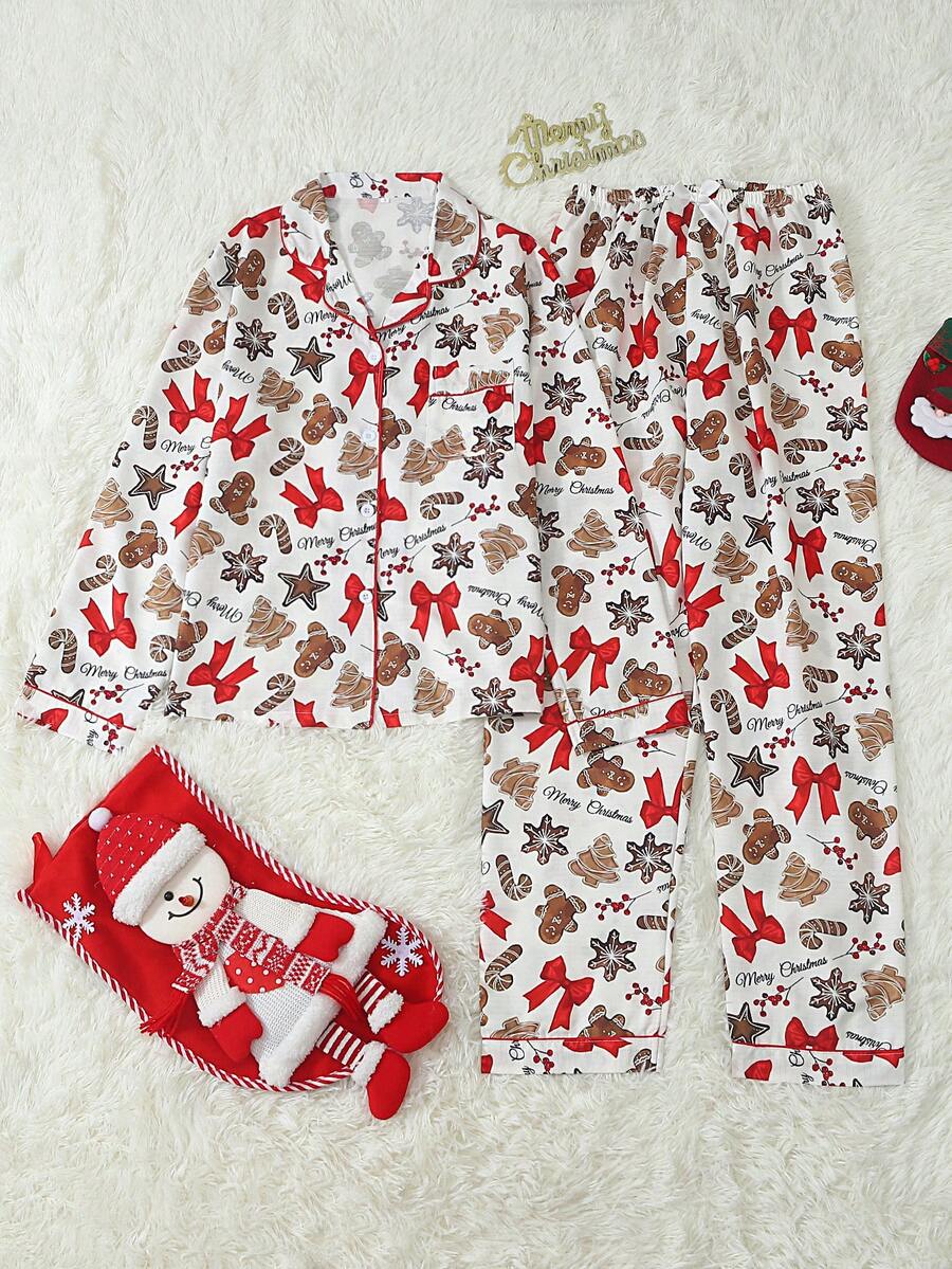 Christmas Print Women's Long Sleeve Long Pants Bubble Crinkle Pajama Set - Apricot - View 1