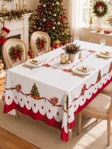 1pc Red Christmas Tablecloth, Floral And Bow Design, Rectangular Christmas Dining Tablecloth, Suitable For Holiday Parties, Kitchen And Home Decor - Multicolor - View 11