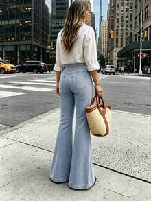 Women's High Waist Tummy Control 3-Button Flared Jeans, Light Blue, No Distressed, Versatile, Height-Enhancing, Drapey Flare Pants - Light Wash - View 5