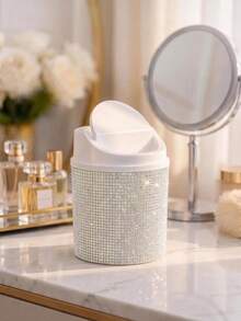 Desktop Cosmetic Trash Can With Rhinestones, Trash Organizer Swivel Lid Desktop Organizer For Dressing Table, Bedroom, Office Shine In The Sun - Multicolor - View 10