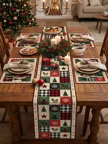 Christmas Patchwork Plaid Table Runner And Placemat Set, Christmas Tree Snowflake Holly Print Polyester Table Decor, Washable And Reusable, Christmas Party Home Decoration, Multiple Sizes Available - A - View 5