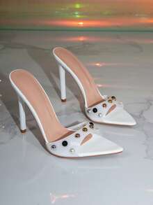 Fashionable White Jelly Studded Pointed Toe Slip-On High Heel Sandals For Women, Elegant Versatile Party Banquet Shoes - White - View 3
