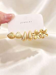 6/18PCS Fashion Gold Metallic Earring Set, Flower Shell Water Drop C-Hoop Geometric Multi-Element Women's Fashion Earring Set, Daily Wear, (Lightweight CCB Material, Non-Fading/No Dropping Sensation) - Gold - View 8