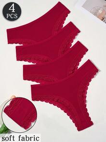 4pcs Women's Burgundy Lace Trim Ribbed Comfortable Minimalist Solid Color Thong - Burgundy - View 1