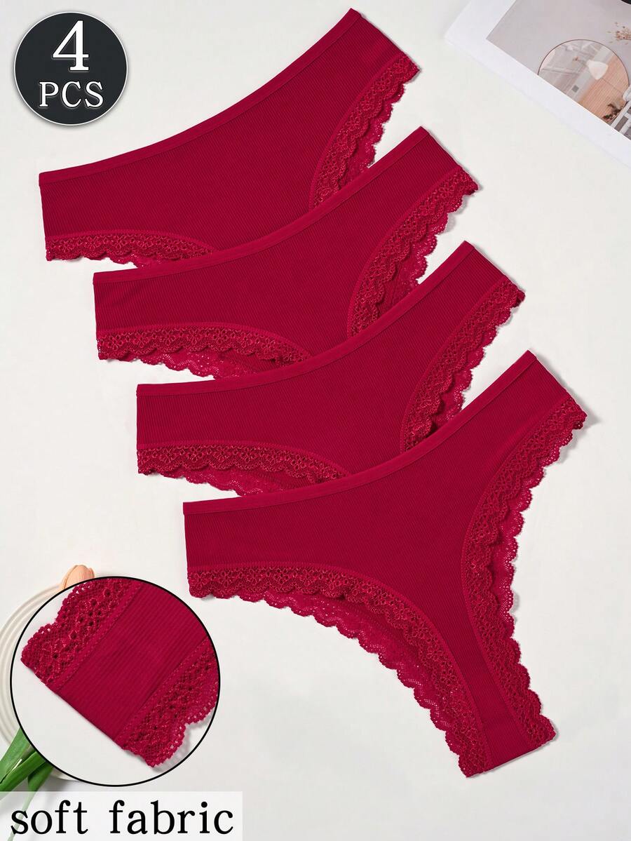 4pcs Women's Burgundy Lace Trim Ribbed Comfortable Minimalist Solid Color Thong - Burgundy - View 1