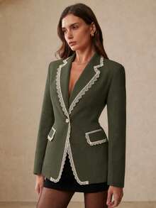 Women's Olive Green Lightweight Blazer, Lace Lapel, Long Sleeve Regular Fit, Back Tie Design, Suitable For Autumn/Winter Wear - Dark Green - View 4