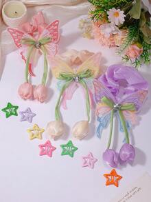 VBOOR 糖果馬卡龍色甜美髮飾套組，含鬱金香刺繡蝴蝶大腸圈、雞蛋花/星星/緞面蝴蝶結髮夾、迷你抓夾、TPU髮圈及多款基礎髮圈，適合女性與女孩，日常/派對/外出配件，小禮物 - 彩色 - 查看 7
