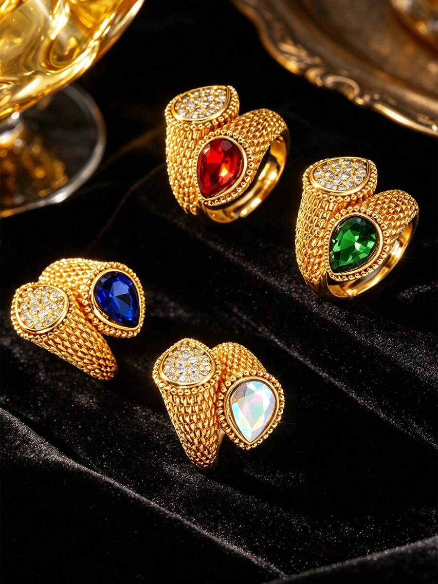 1pc Vintage Woven Pattern Copper Material Inlaid Colorful Teardrop Zirconia Open Ring, Women's Evening, Wedding, Party, Holiday Gift Accessory - Multicolor - View 1