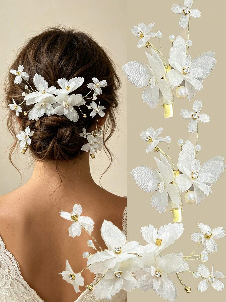 3pcs Silk Chiffon Flower Butterfly Rhinestone Hair Accessories Set, Bridal Wedding Headpiece, Women's Atmospheric Wedding Dress Party Hair Accessory Combination - Multicolor - View 1