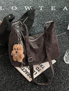 low tea 1pc Crescent Moon Shaped PU Leather Shoulder Bag, Suitable For Commuting, Shopping, Etc. (With Pendant) - Coffee - View 11