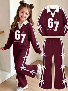 Tween Girl Cartoon Number Pattern Embroidered V-Neck Long Sleeve Sweatshirt And Pants - Burgundy - View 1