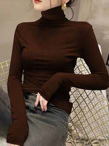 女款高領高領保暖內搭上衣，2024春夏秋冬新款，長袖黑色薄款上衣 - 深咖啡色 - 查看 2