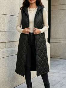 1pc Women's Casual Long Hooded Vest Top Jacket - Black - View 3