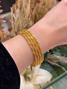 4Pcs 24K Gold Plated Twisted Rope Bangle Set, Rust-Resistant Gold Alternative Stackable Slash Metal Solid Bracelet Fine Jewellery - 01 - View 4