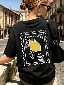 Women's Summer Italian Style Lemon Print T-Shirt, Minimalist Artistic Style, Round Neck Short Sleeve, Loose , Plus Size Women's Top Casual Black - Black - View 10
