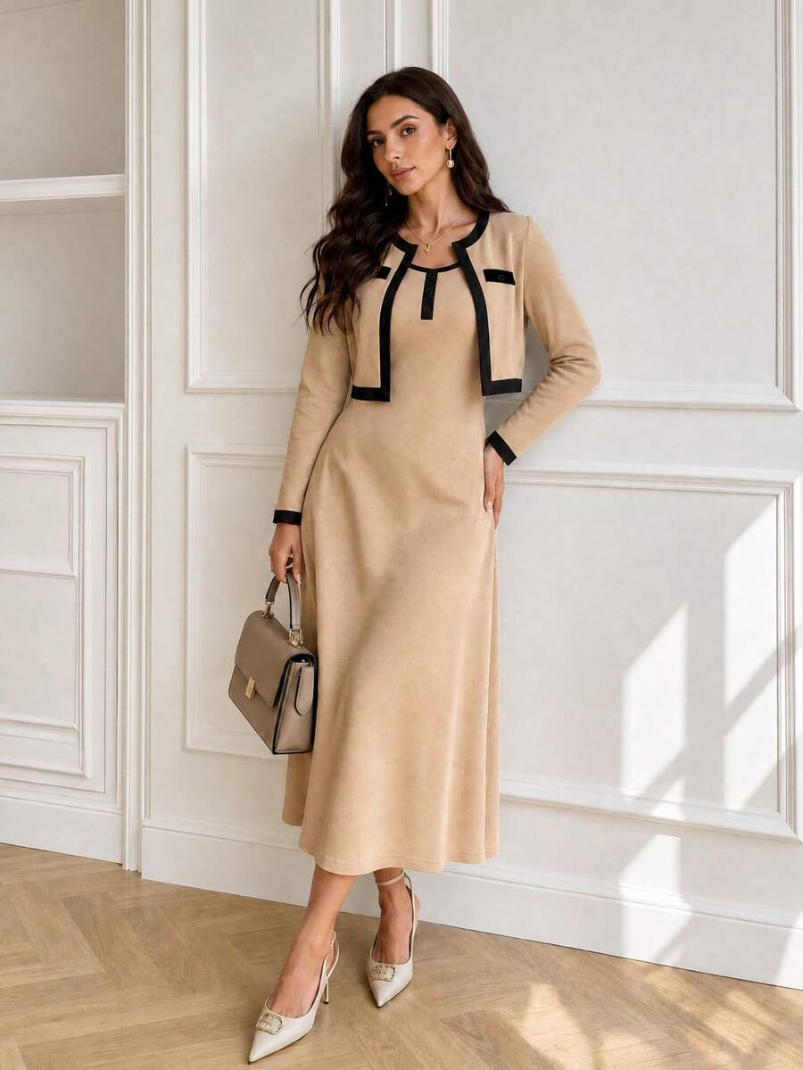 Plus Size Women's Elegant Spring Summer Autumn 2-Piece Set, Colorblock Trim Button Cardigan With Solid Long Dress - Apricot - View 1