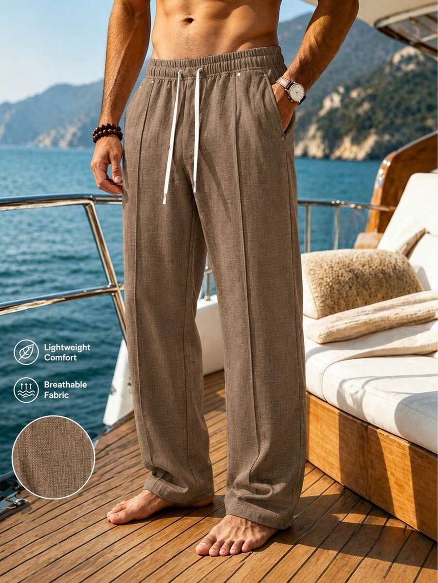 Men's Elastic Waist Loose Casual Pants, Lightweight Breathable Pockets Solid Color Street Style Trousers Sports - Khaki - View 1