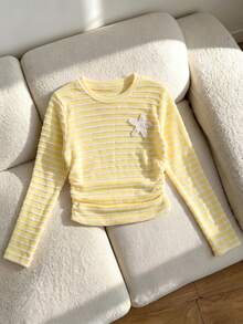 Girls' Casual Fashion Pineapple Plaid Striped Round Neck 3D Starfish Applique Ruched Waist Slim Fit Knit Top, Spring/Autumn - Yellow - View 1