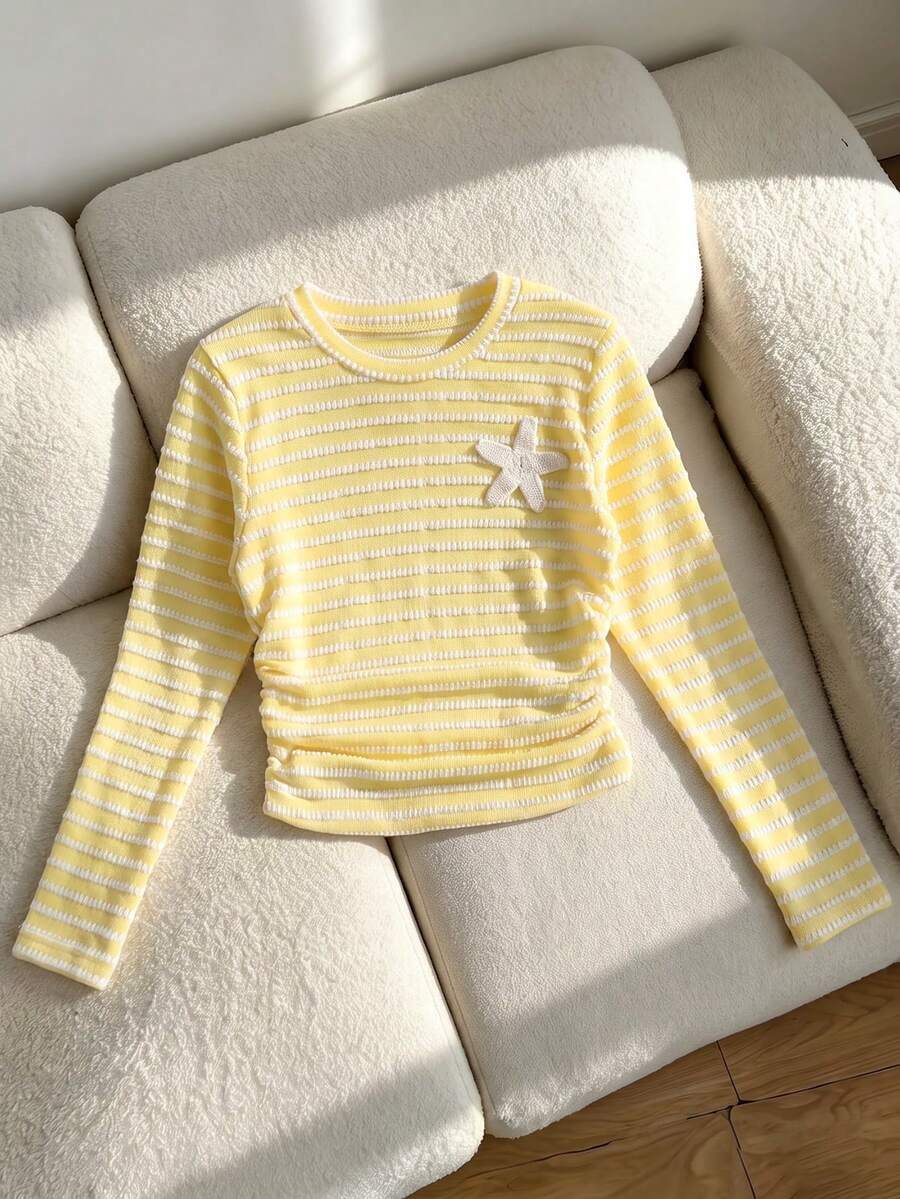 Girls' Casual Fashion Pineapple Plaid Striped Round Neck 3D Starfish Applique Ruched Waist Slim Fit Knit Top, Spring/Autumn - Yellow - View 1