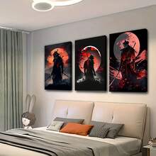 3-Piece Set Mysterious Warrior Wall Art, Red Moon And Mountain Background, Optional Frame - A - View 5