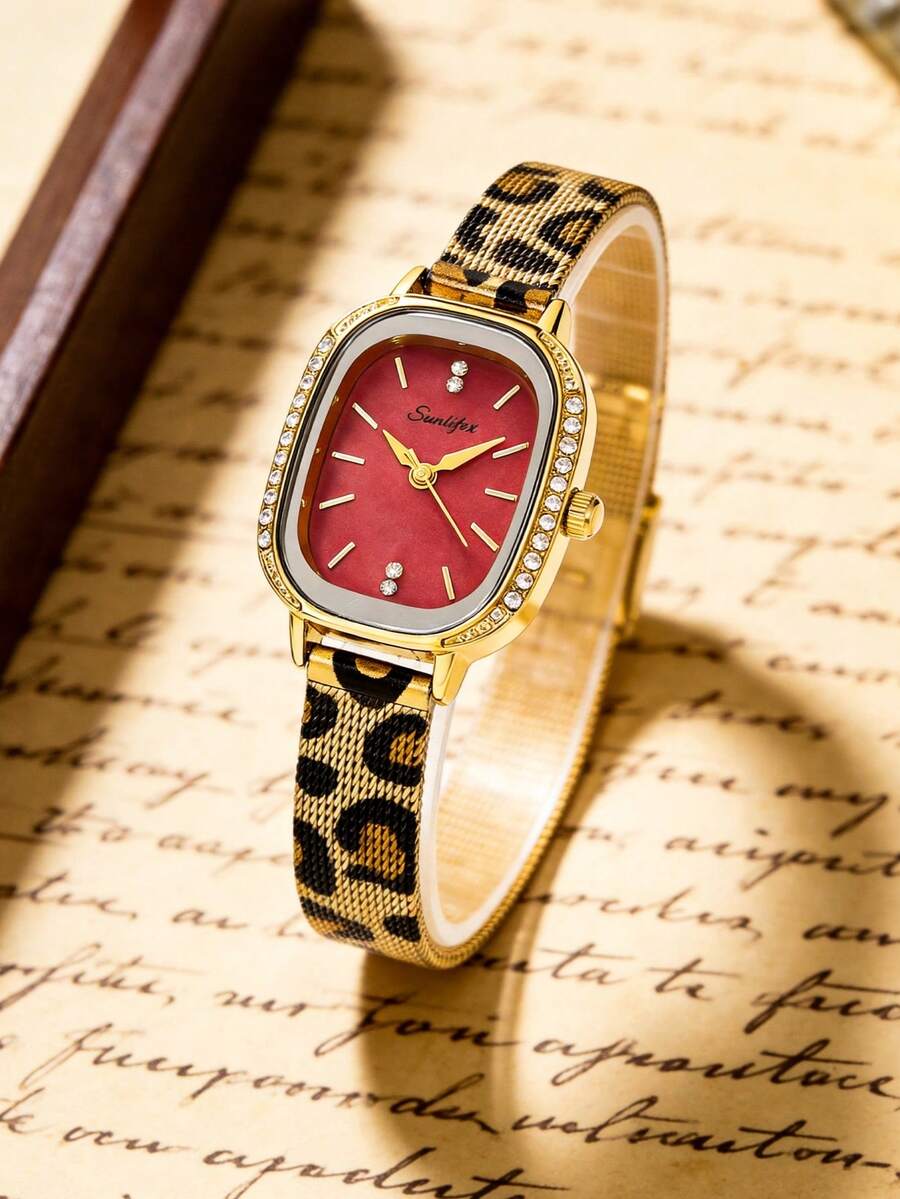 1pc Women's Square Oval Vintage Rhinestone Watch, Gold Alloy Case With Rhinestone Bezel, Red Dial, Leopard Print Metal Mesh Strap - Red - View 1