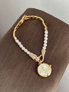 1pc Round White Dial Adjustable White Beaded Strap Delicate Mixed Markers Suitable For Various Occasions. - Gold - View 4