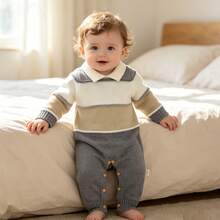 Infant Gentleman Style Collared Sweater Romper, Colorblock Wide Striped Minimalist Jumpsuit - Grey - View 7