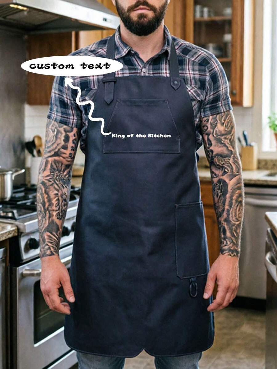 Pure Black Customizable Name LOGO Store Name Work Apron, Industrial Style Faux Leather Halter Apron, Multi-Pocket, Adjustable Buckle Shoulder Straps, Stain-Resistant Wear-Resistant Tool Apron, Suitable For Workshop, Kitchen, Restaurant, Barbershop, Gardening, Handmade DIY - Multicolor - View 1