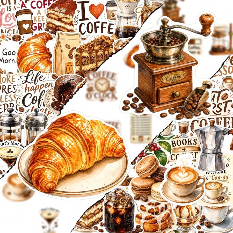 50pcs Coffee & Dessert Theme Stickers, Bread Roll & Cake Planner Decoration Decals - 7*6*1 - View 1