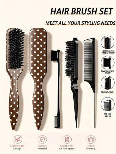 4/1pc Comb Set, Unisex Smooth Back Comb, Beard Brush, Boar Bristle Hair Brush, Frizz-Smoothing Hair Brush, Professional Hair Styling Brush, Pointed Tail Comb For Dyeing, Create Smooth Ponytail And Bun - Includes Wide Pointed Tail Back Comb And Detangling Comb, Suitable For Hair Salons, Beauty Parlors, Back To School, Travel And Vacation, Women's Hair Accessories, Brush, Hair Brush, Edge Brush, Hair Combing, Detangling Brush, Round Brush, Mini Hair Brush, Hair Brush Set, Unisex, Recommended As Christmas Gift