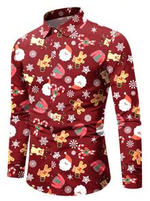 Men's Christmas Long Sleeve Lapel Shirt - Red - View 1