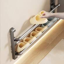 1pc Wall-Mounted Folding Slippers Storage Rack, No Drilling Required, Rust-Proof Aluminum Alloy Material, Can Be Attached To Wall Or Cabinet Door Interior, Hanging Drainage To Prevent Slippers From Mold, Easy Storage For Multiple Pairs Of Slippers In Small Bathroom - Multicolor - View 9