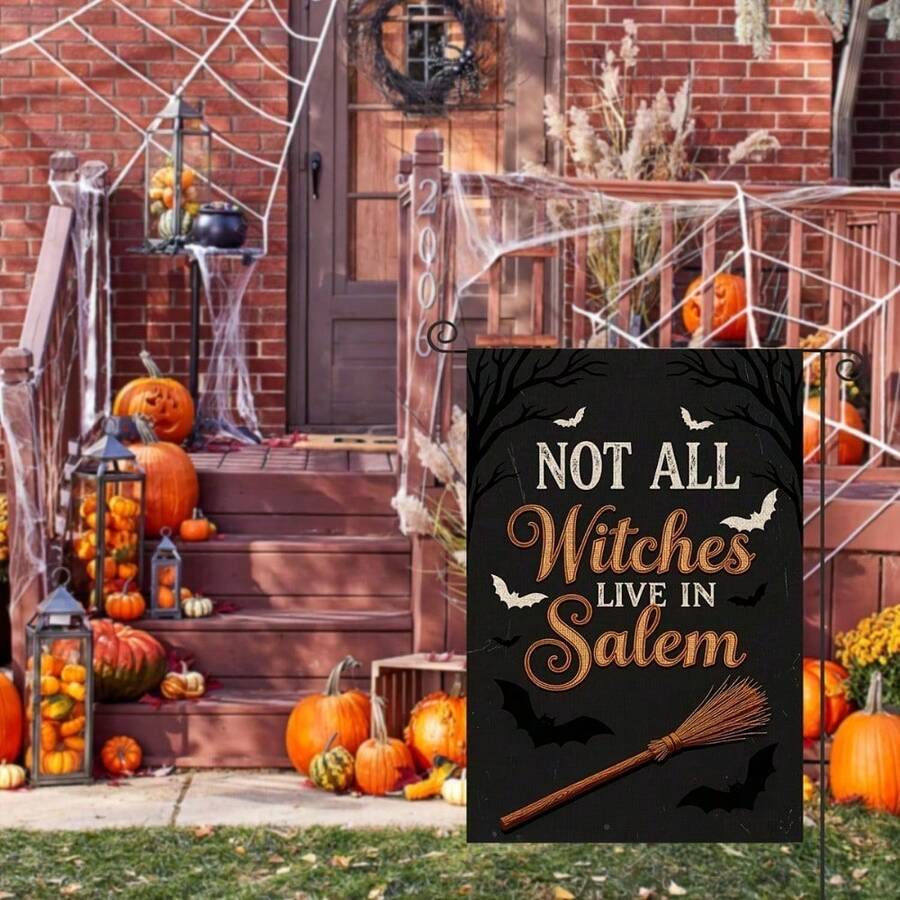 1 Pc Garden Flag, Black‑Base Bare‑Branch Bat Group Broom Print, Fun Handwritten Text Decor, Flag Only No Pole, For Yard Outdoor Decor - A - View 1