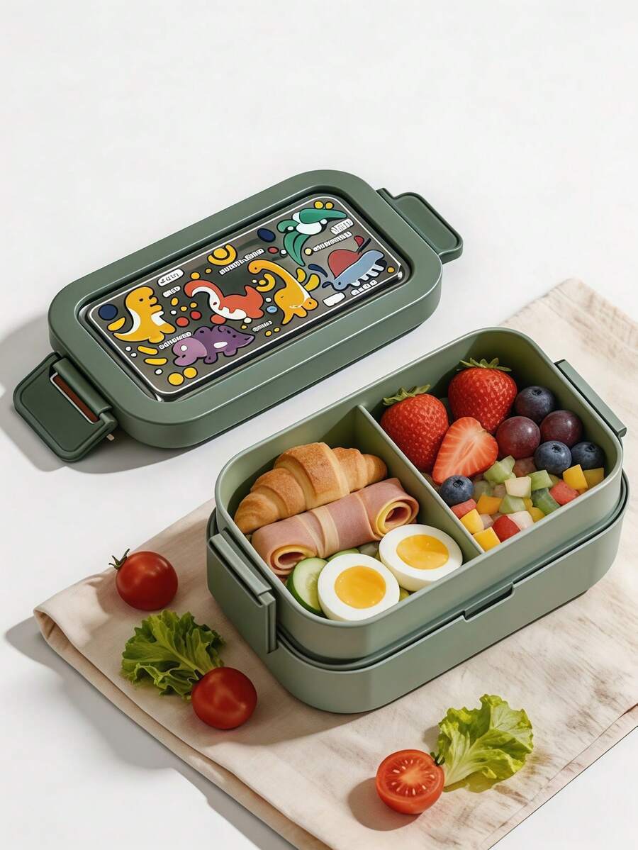 1pc Cartoon Japanese Style Double Layer Compartment Bento Box, Microwave Leak-Proof Sealed Lunch Box With Fork And Spoon, Portable Food Storage Container Suitable For Students, Office Workers And Picnics