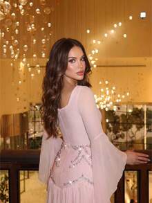 Modphy Elegant Temperament Lotus Sleeves High-End Feel Square Neck Hot Pressed Diamond Nail Bead Design Mesh Splicing, Pleated Edge Dress Party Outfit - Pink - View 7