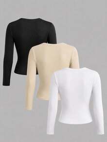 3pcs/Set Women's Casual Long Sleeve Fitted Round Neck T-Shirts - Printed Pattern, Comfortable & Soft Fabric, Machine Washable, Autumn Tops - Multicolor - View 3