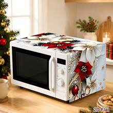 1pc Christmas Microwave Cover, Decorated With Red And White Poinsettia Pattern, Polyester Material Home Kitchen Microwave Dust Cover, Suitable For Holiday Kitchen Decoration And Appliance Protection, Seasonal Home Decor, Christmas Decoration, Christmas Gift - Multicolor - View 3