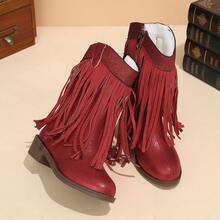 Sepatu Boots Anak Perempuan Gaya Western dengan Rumbai, Hak Tinggi, Nyaman dan Serbaguna, Desain Colorblock, Ujung Runcing, Resleting Samping, Panjang Tengah Betis, Kasual - Merah - View 7