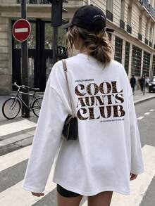 大尺碼女款豹紋「Cool Aunts Club」字母印花長袖T恤，中等彈性圓領寬鬆版型幽默休閒秋季上衣 - 白色 - 查看 5