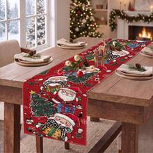 1pc Christmas Tree Santa Claus Snowflake Print Table Runner, Suitable For Holiday, Party, Birthday, Dinner, Restaurant Table Decor, Christmas Home Decoration - Multicolor - View 6