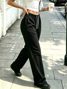 Women's Casual Minimalist Drawstring Waist Pocket Sweatpants Black - Black - View 6